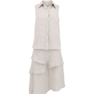 FINLEY 100% Linen Tiered Jasmine Midi Shirt Dress Natural Tan Small